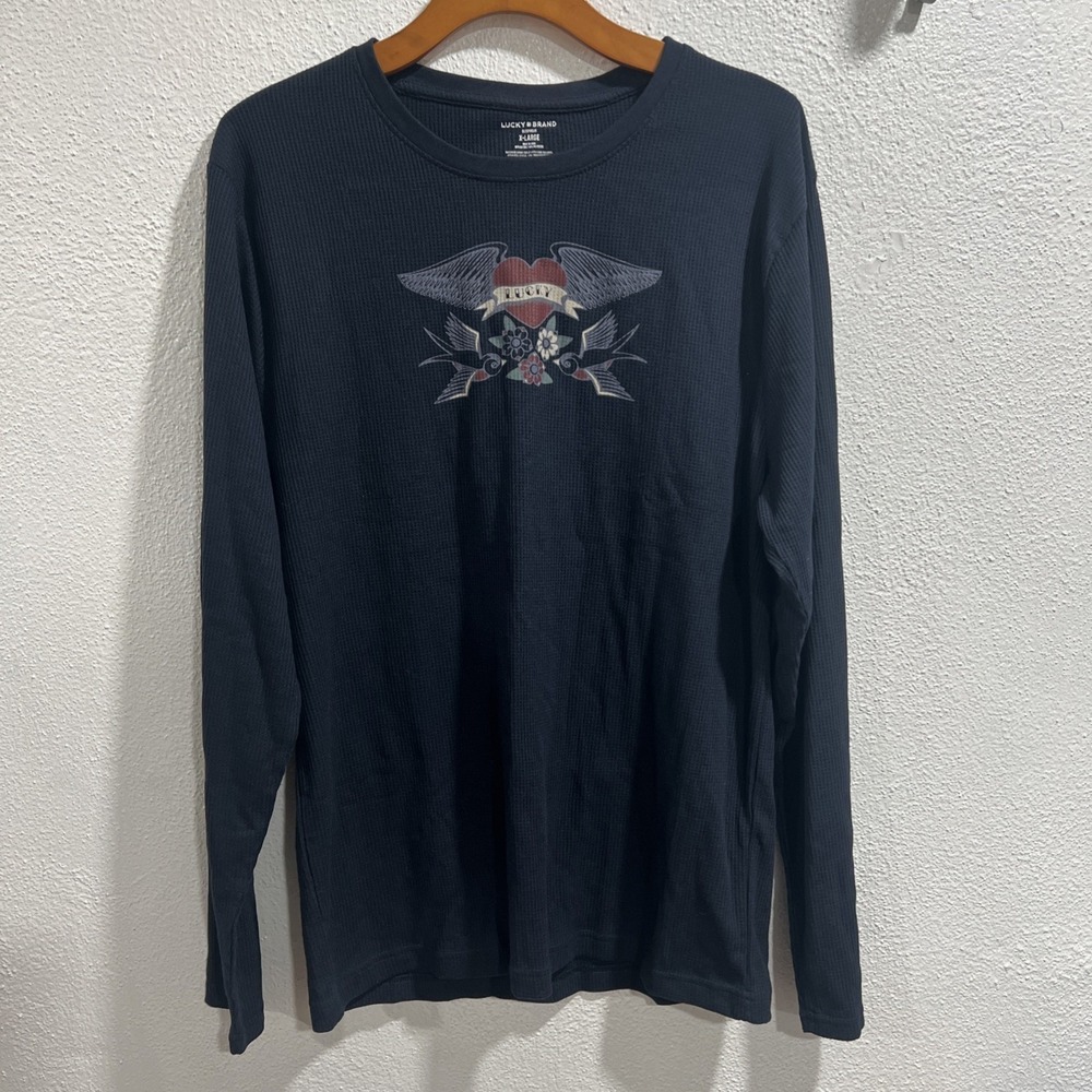 Lucky Brand Shirt Men XL Blue Thermal Sleep Top Love Bird Heart